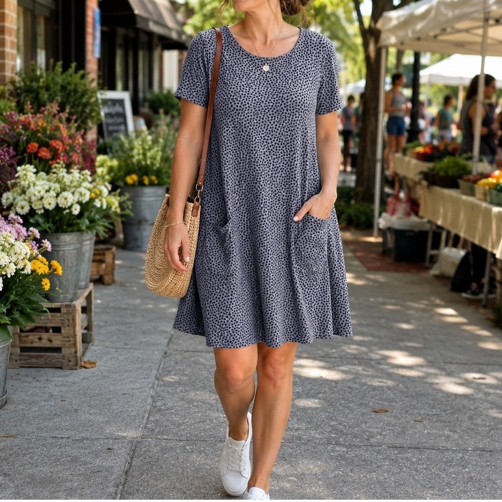 Boden 100% Cotton Gray Blue Polka Dot Knit Tunic Dress Pockets US 10R Coastal
